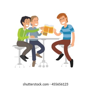 Group of male friends enjoying a beer and laughing in bar, pub, cafe or restaurant, vector illustration. 