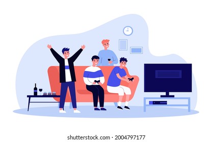 Group of male friends relaxing together in front of TV. Flat vector illustration. Men drinking wine, sitting on couch, playing console. Home, party, leisure, friendship, family concept