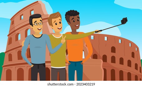 Group of male friends with smartphone taking self photo with Coliseum in Roma. People have trip around Europe, sightseeing. Men with phone on monopod are posing for selfie with ancient building