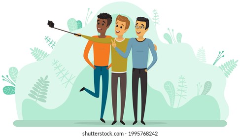 Group of male friends taking selfie photo with smartphone. Young people having fun and making selfie. Friendship and technology concept. Men with phone on monopod are posing for joint photo