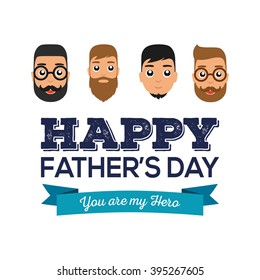 Group of male icons and a ribbon with text for father's day celebrations