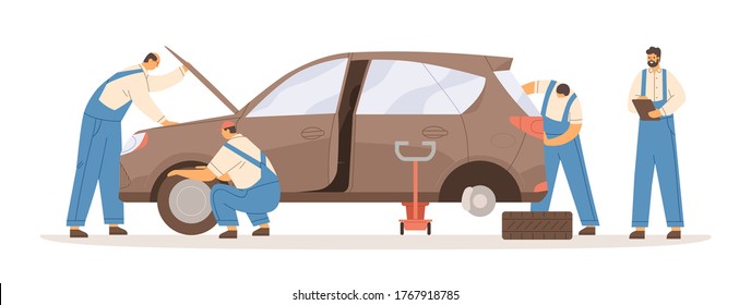 Group of male mechanics working at car repair service vector flat illustration. Professional workman in overalls during maintenance automobile isolated on white. Lifting and checking of vehicle