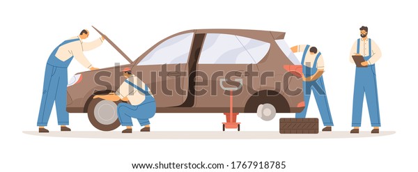 Group of male mechanics working at car repair\
service vector flat illustration. Professional workman in overalls\
during maintenance automobile isolated on white. Lifting and\
checking of vehicle