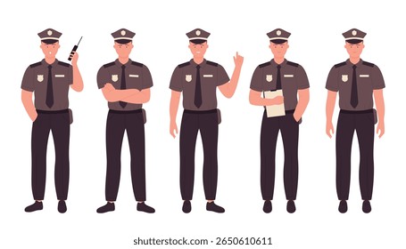 Grupo de policiais do sexo masculino de uniforme mostrando diferentes poses e gestos profissionais, adequado para aplicação da lei, segurança, e conceitos de autoridade isolados no vetor fundo branco