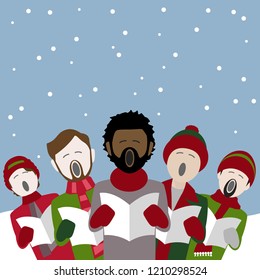 group of male singers singing Christmas carols in the snow