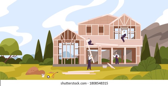 Group of male workers constructing cottage vector flat illustration. Team of builders in uniform making construction work use equipment at natural landscape. Professional repairman at house building