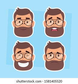 group of man faces with beard and glasses vector illustration design