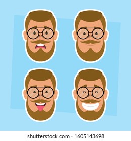 group of man faces with beard and glasses vector illustration design