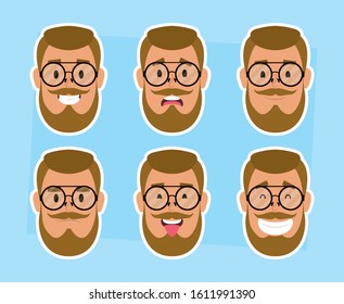 group of man faces with beard and glasses vector illustration design
