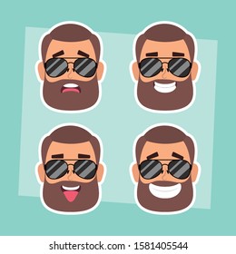 group of man faces with beard and sunglasses vector illustration design