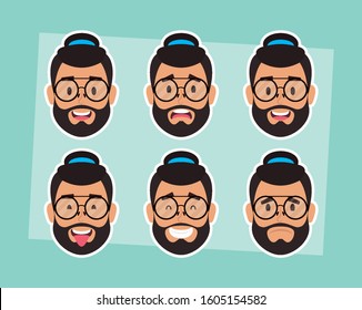 group of man faces bearded with hat and glasses vector illustration design