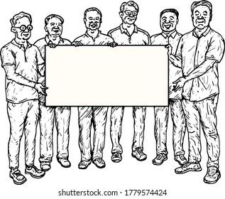 A Group Of Man Holding Up A Blank Giant Mock Cheque. Hand Drawn Vector Illustration.