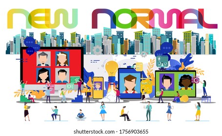 Group man and Lady  contact technology.video conference. online meeting.Social distancing,Landmark building and Text New Normal.Illustration COVID-19 situation.