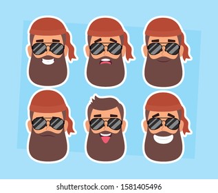 group of man motorcyclist faces characters vector illustration design