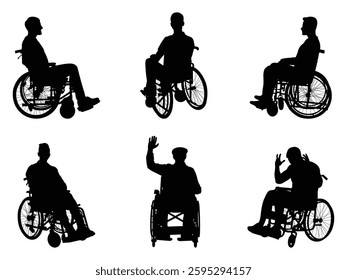 Group of Man on a Wheelchair Silhouette isolated white background. Vector Illustration