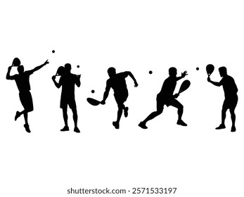 Group of Man Padel Tennis Player Silhouette isolated white background. Vector Illustration