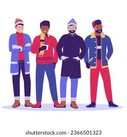 Grupo de hombres con ropa de invierno. Colección de personas de Internet. Ilustración de diseño plano
