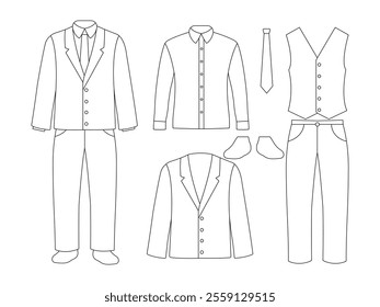 Group of Man Suit Outline isolated white background. Vector Illustration. Business menswear, suit consisting of jacket, waistcoat, trousers, necktie, shoes and shirt Outline icon vector.