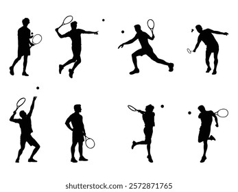 Group of Man Tennis Player Silhouette isolated white background. Vector Illustration