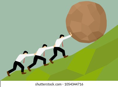 Group of Man try to move stone ball to top of hill, Teamwork concept