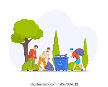 Group of man volunteer cleaning up city street together. Male doing environment protection putting bag with rubbish into trash can. Ecology pollution, recycling garbage, cleanliness waste flat vector