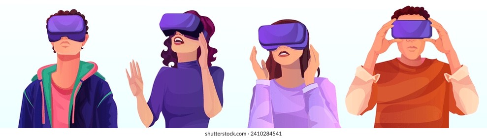 Group of man and woman in casual clothes wearing VR googles watching at virtual reality world space, digital interface hologram, network technology, abstract cyberspace. Vector illustration