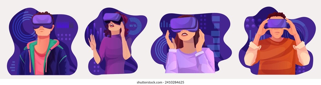 Group of man and woman in casual clothes wearing VR googles watching at virtual reality world space, digital interface hologram, network technology, abstract cyberspace. Vector illustration