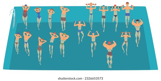 Group of Man and Woman with Dumbbells Training in Swimming Pool Doing Physical Exercise Vector Illustration