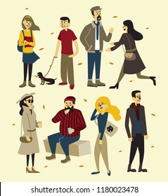 A group of man and woman in fall season outfit. People doing activities