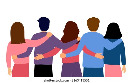 Group of man and woman hugging in flat design on white background. Friendship.