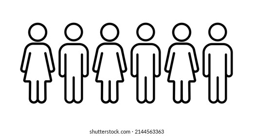 Grupo de hombres y mujeres. Seis personas de pie en fila. Ilustración vectorial de grupo de personas