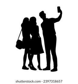 Group of man and woman taking selfie through mobile phone, group selfie, group of friends take picture with phone silhouette