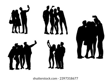 Group of man and woman taking selfie through mobile phone, group selfie, group of friends take picture with phone silhouette