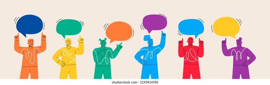 Group of man and woman talking something. Speech bubble above. Colorful vector illustration
