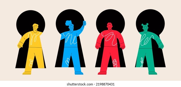 Group of man and woman walking through the giant keyhole. Self discovery and identity finding concept. Colorful vector illustration