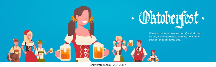 Group Of Man And Woman Wearing German Traditional Clothes Waiters Holding Beer Mugs Oktoberfest Party Concept Flat Vector Illustration