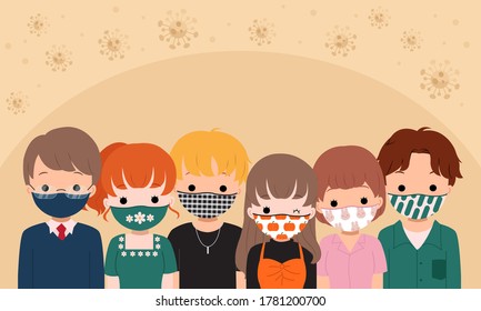 group of man and woman wearing patterned cloth mask for corona virus new normal. Stay safe by wearing mask. Flat vector design.