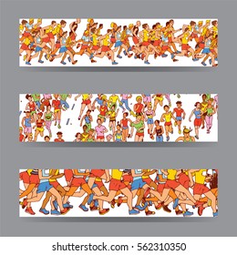 Group of Man and Womem Marathon Runners. Vector Cards, Notes and Banners with People in a Running Race.