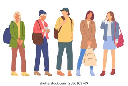  Group man and women standing with backpacks,  profile, different colors, cartoon character, silhouettes people, vacation clothes; flat icon design concept,  vector, isolated on white