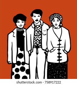 group of man and women three persons in black and white hand drawn