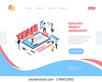 Group management project isometric. Illustration landing page figures analyst managers development symbols compasses notepad ruler creative infographic website. Cartoon ux vector.