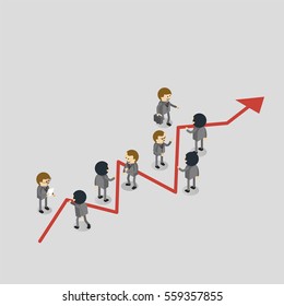 Group of managers positioned around graph showing rising business development vector isometric