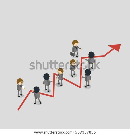 Group of managers positioned around graph showing rising business development vector isometric