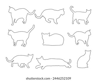 Group of many cats vector line contour silhouette illustration isolated on white background. Cat family. Lovely friendly pets. Cat symbol shape. Cat shadow background decorative.