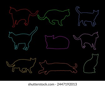 Group of many cats vector line contour silhouette illustration isolated on black background. Cat family. Lovely friendly pets. Cat symbol shape. Colorful cat shadow background decorative.