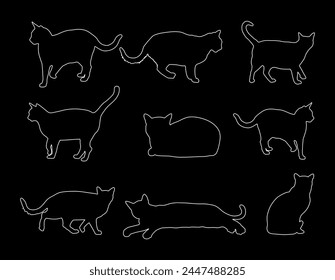 Group of many cats vector line contour silhouette illustration isolated on black background. Cat family. Lovely friendly pets. Cat symbol shape. Cat shadow background decorative.