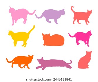 Group of many cats vector silhouette illustration isolated on white background. Cat family. Lovely friendly pets. Cat symbol shape. Colorful cat shadow background decorative.