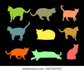 Group of many cats vector silhouette illustration isolated on black background. Cat family. Lovely friendly pets. Cat symbol shape. Colorful cat shadow background decorative.