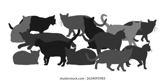 Group of many cats vector silhouette illustration isolated on background. Cat family. Lovely friendly pets. Cat symbol shape. Colorful cat shadow background decorative.
