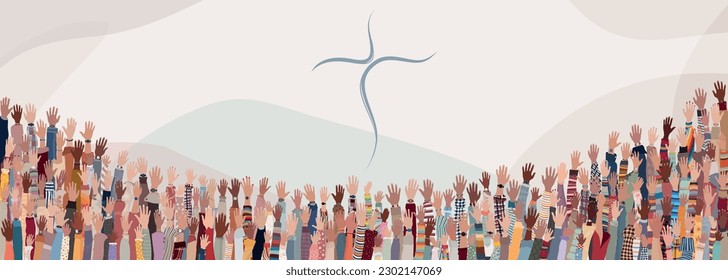 Group of many Christians people with raised hands praying or singing. Christianity in the world.Christian worship.Concept of faith and hope in Jesus Christ.Background with christian cross